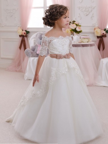 Best Ivory Ball Gown High Neck Floor Length Short Sleeve Flower Girl Dress Sydney