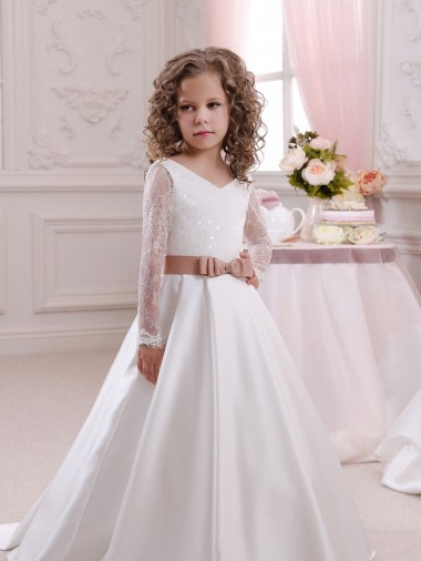 Best Ivory Ball Gown V-Neck Chapel Train Long Sleeve Flower Girl Dress Sydney