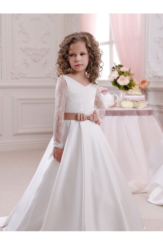 Best Ivory Ball Gown V-Neck Chapel Train Long Sleeve Flower Girl Dress Sydney