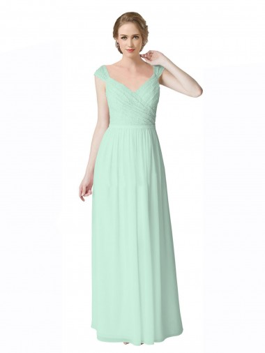Best Long Chiffon Bridesmaid Dress with Corded Lace V-Neck Bodice Sydney