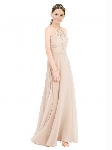 Best High Halter Neck Illusion Lace Bridesmaid Dress / Prom Dress with Chiffon Skirt and Keyhole Back Sydney