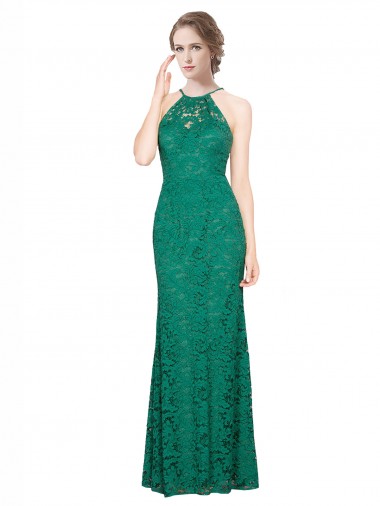 Best High Illusion Halter Neck Long Lace Bridesmaid Dress / Prom Dress Sydney
