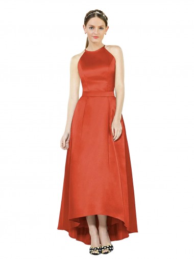 Best Full Length Halter Satin Bridesmaid Dress with Hi-Low Hem Detail Sydney