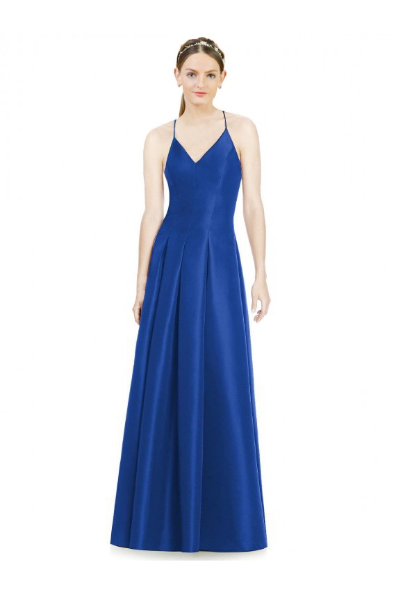 Best Full Pleated V-Neck Long Satin Bridesmaid Dress with Criss Cross Open Back Sydney
