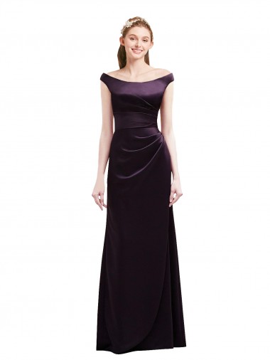 Best Off The Shoulder Long Satin Bridesmaid Dress with Asymmetrical Pleated Bodice Sydney