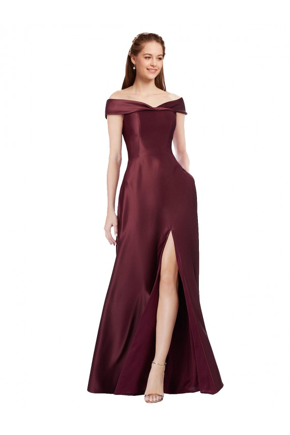 Best Long Off the Shoulder Formal Satin Bridesmaid Dress / Prom Dress with Thigh-high Slit Sydney