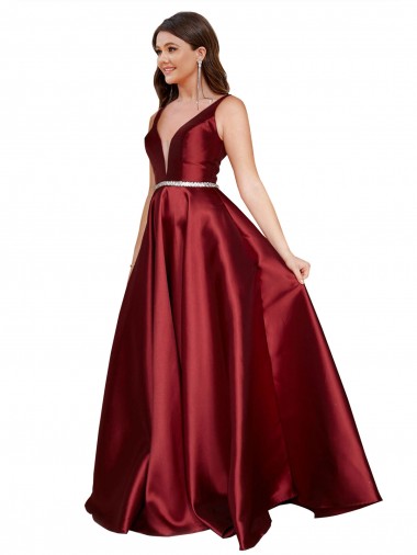 Best Sleeveless Deep V-Neck A-Line Formal Satin Bridesmaid Dress / Prom Dress with Pockets Sydney