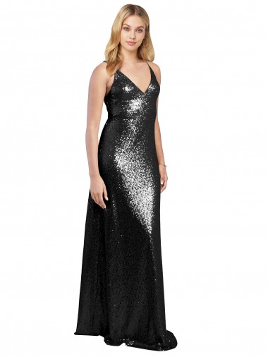 Best Full Length A-Line Formal Sequin Bridesmaid Dress / Prom Dress with Spaghetti Straps V-Neckline Sydney
