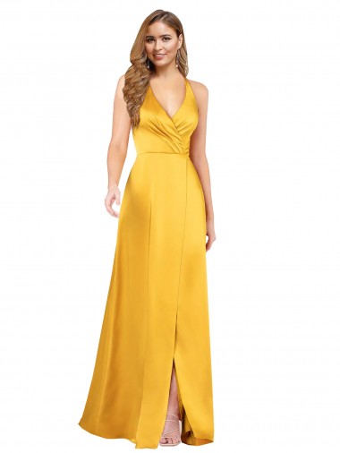Best Halter A-Line Formal Silky Satin Bridesmaid Dress / Prom Dress with V-Neckline and Slit Sydney