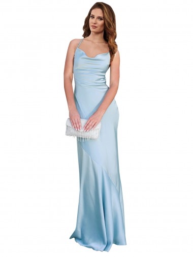 Best Open Back with Ties Cowl Neck Sheath Formal Silky Satin Long Bridessmaid Dress Sydney