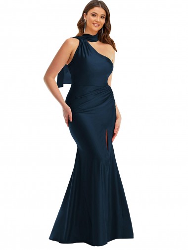 Best Scarf Neck One Shoulder Formal Silky Satin Mermaid Bridesmaid Dress / Prom Dress with Front Slit Sydney