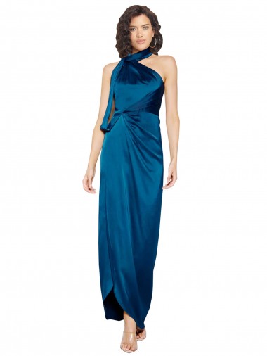 Best High Halter Neck Formal Silky Satin Bridesmaid Dress / Prom Dress with Sash Overlay and Side Split Sydney