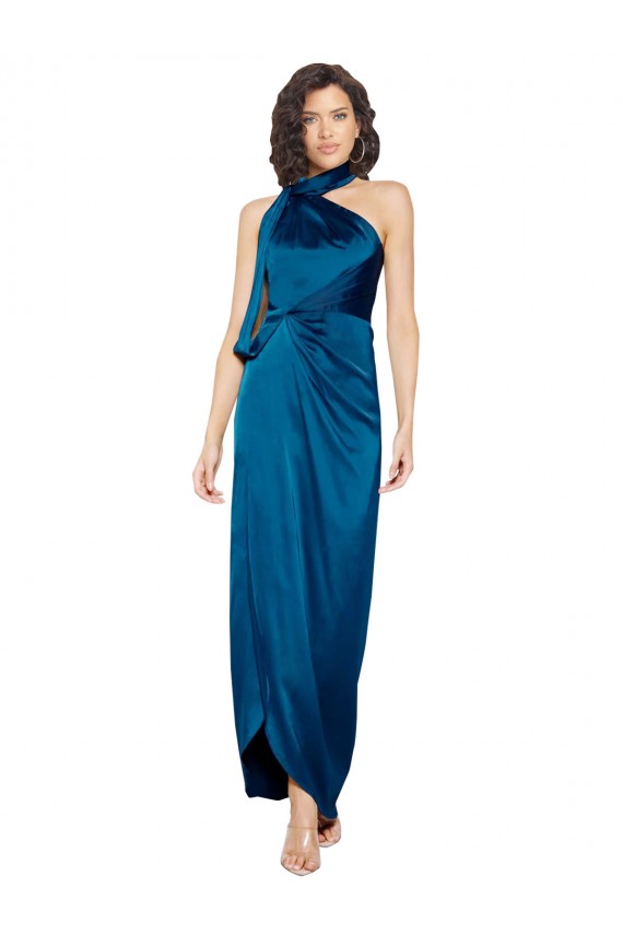 Best High Halter Neck Formal Silky Satin Bridesmaid Dress / Prom Dress with Sash Overlay and Side Split Sydney