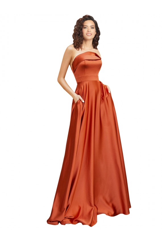 Best Strapless Sweep Train Formal Silky Satin Bridesmaid Dress / Prom Dress with Pleats Sydney