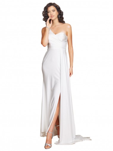 Best One Shoulder Floor Length Silky Satin Wedding Dress with Side Slit Sydney