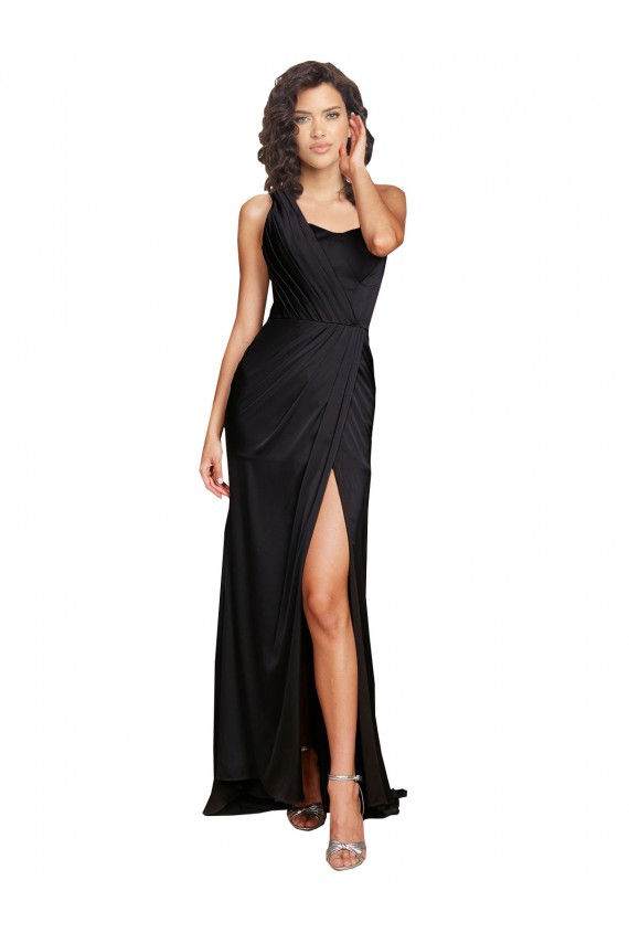 Best Full Length One Shoulder Ruffled Long Formal Silky Satin Bridesmaid Dress / Prom Dress with High Slit Sydney