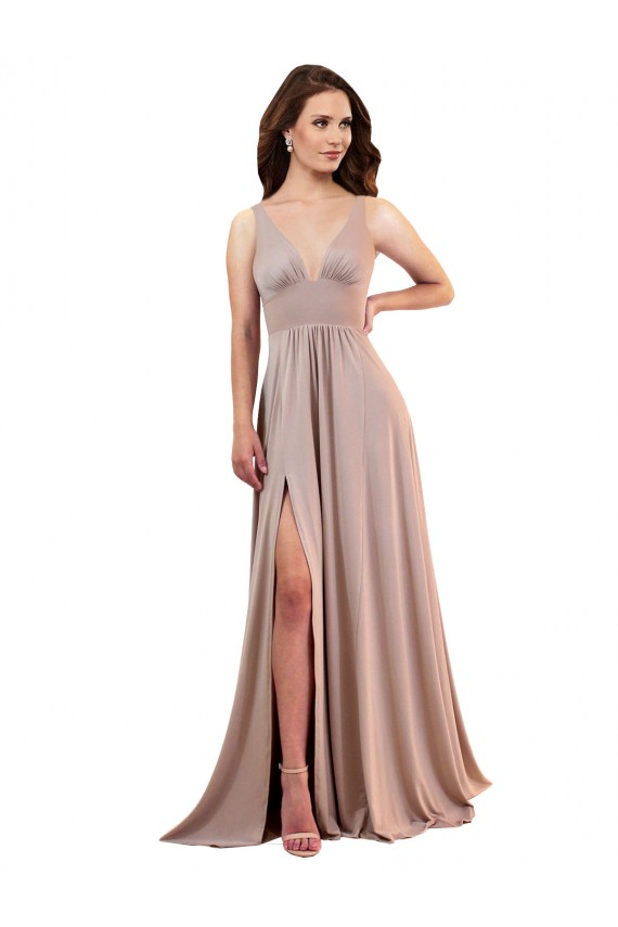 Best Long A-Line Plunge V-Neckline Formal Spandex Bridesmaid Dress / Prom Dress with Slit Sydney