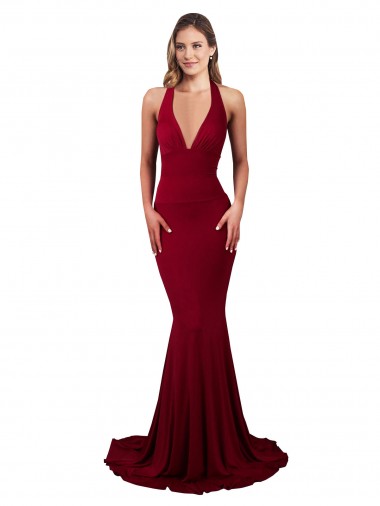 Best Halter Mermaid Plunge V-Neckline Open Back Bow Tie Formal Spandex Bridesmaid Dress / Prom Dress Sydney