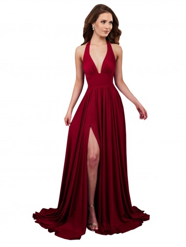 Best A-Line Halter Plunge V-Neckline Open Back Formal Spandex Bridesmaid Dress / Prom Dress with Slit Sydney
