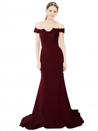 Best Full Length Off the Shoulder Formal Crepe Bridesmaid Dress / Prom Dress with Lace On Bodice and Back Sydney