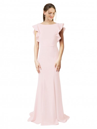 Best Low V-Back Long Mermaid Crepe Bridesmaid Dress / Prom Dress with Ruffled Sleeves Sydney