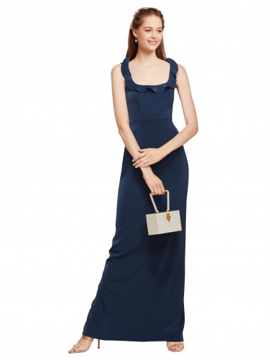 Best Scoop Neck with Ruffles Long Formal Crepe Bridesmaid Dress / Prom Dress with Back Slit Sydney