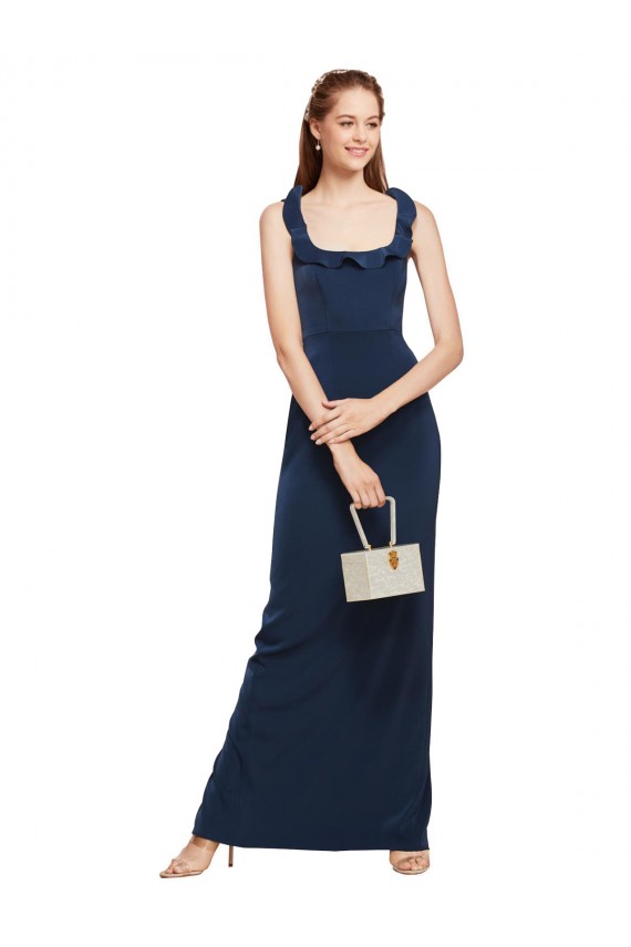 Best Scoop Neck with Ruffles Long Formal Crepe Bridesmaid Dress / Prom Dress with Back Slit Sydney