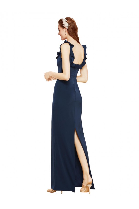 Best Scoop Neck with Ruffles Long Formal Crepe Bridesmaid Dress / Prom Dress with Back Slit Sydney