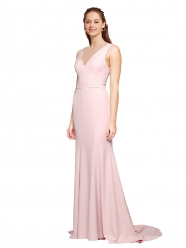 Best Deep V-Neckline and Back Long Sweep Train Crepe Bridesmaid Dress / Prom Dress with Shoulder Straps Sydney
