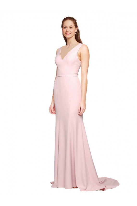 Best Deep V-Neckline and Back Long Sweep Train Crepe Bridesmaid Dress / Prom Dress with Shoulder Straps Sydney