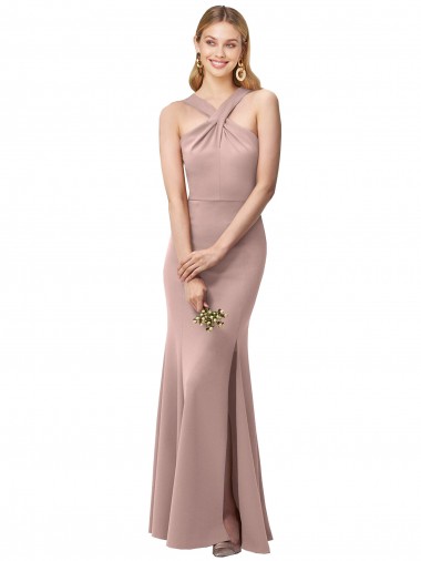 Best Long Floor Length High Neck Fit and Flare Stretch Crepe Bridesmaid Dress / Prom Dress with Side Slit Sydney