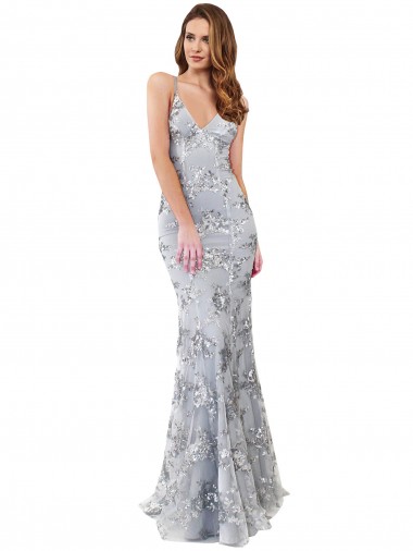 Best Silver V-Neckline Backless Floral Patterned Sequin Formal Bridesmaid Dress / Prom Dress Sydney