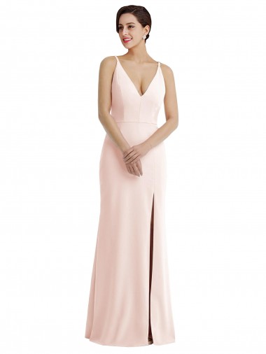 Best Skinny Strap Deep V-Neck Trumpet Formal Crepe Bridesmaid Dress / Prom Dress with Front Slit Sydney
