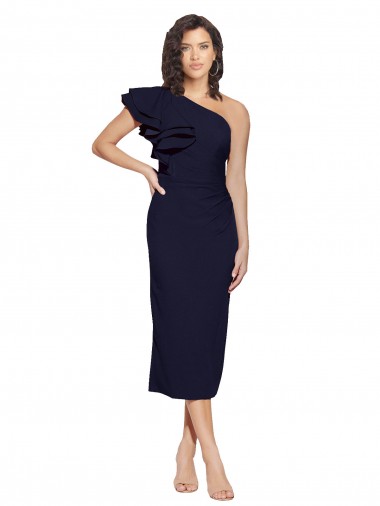 Best Ruched Midi Length Short Cocktail Formal Crepe Bridesmaid Dress / Prom Dress with Shoulder Ruffles Sydney