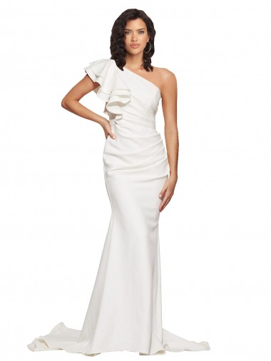 Best Ruched Long Sweep Train Crepe Bridesmaid Dress / Prom Dress with Shoulder Ruffles Sydney