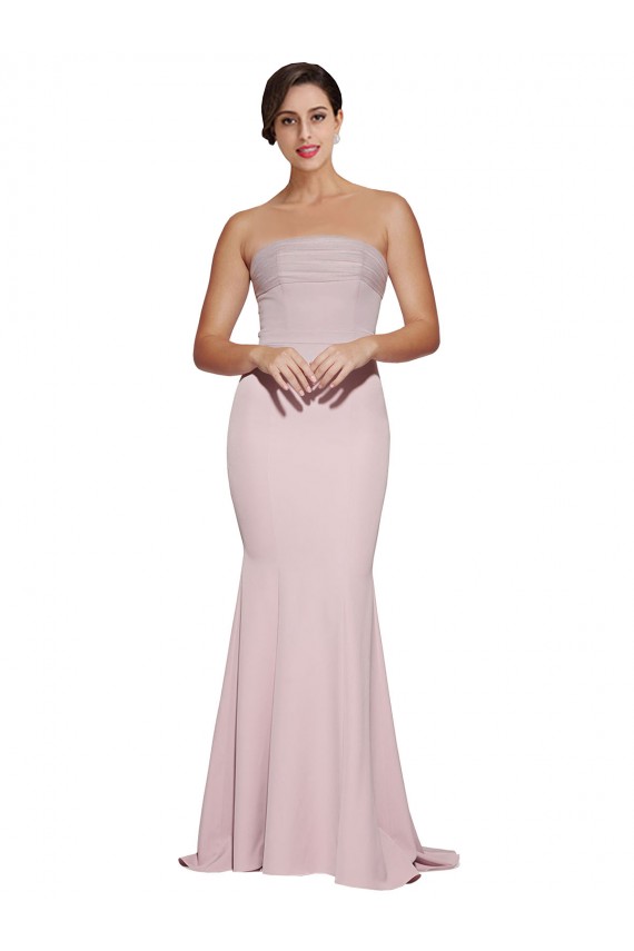 Best Straight Neck Long Strapless Formal Crepe Bridesmaid Dress / Prom Dress with Soft Tulle Overlay and Small Train Sydney