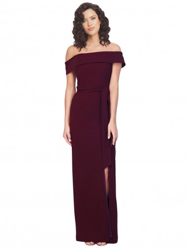 Best Fitted Full Length Off the Shoulder Formal Crepe Bridesmaid Dress / Prom Dress with Side Split and Waist Tie Sydney