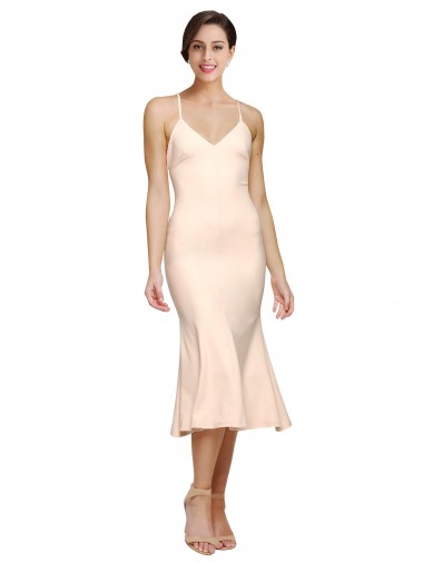 Best Midi Cocktail Length V-Neckline Crepe Bridesmaid Dress / Prom Dress with Thin Straps and Fulted Skirt Sydney