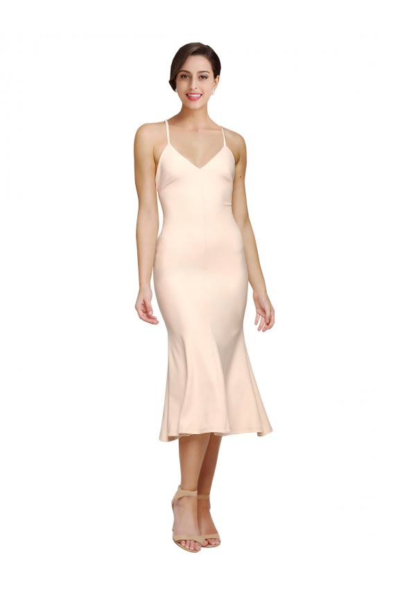 Best Midi Cocktail Length V-Neckline Crepe Bridesmaid Dress / Prom Dress with Thin Straps and Fulted Skirt Sydney