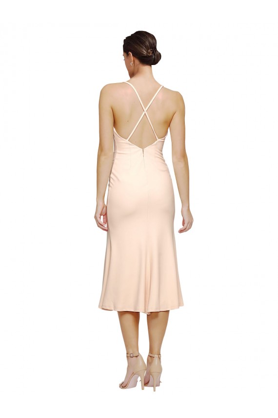 Best Midi Cocktail Length V-Neckline Crepe Bridesmaid Dress / Prom Dress with Thin Straps and Fulted Skirt Sydney