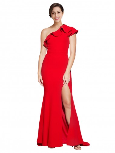 Best One Shoulder Long Sweep Train Crepe Bridesmaid Dress / Prom Dress with Thigh High Split Sydney