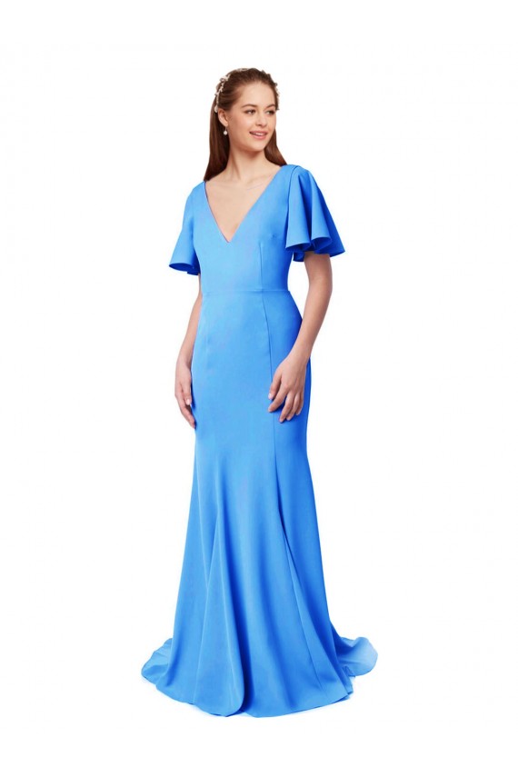Best Short Sleeves Long V-Neck Crepe Bridesmaid Dress / Prom Dress with V-Back Sydney
