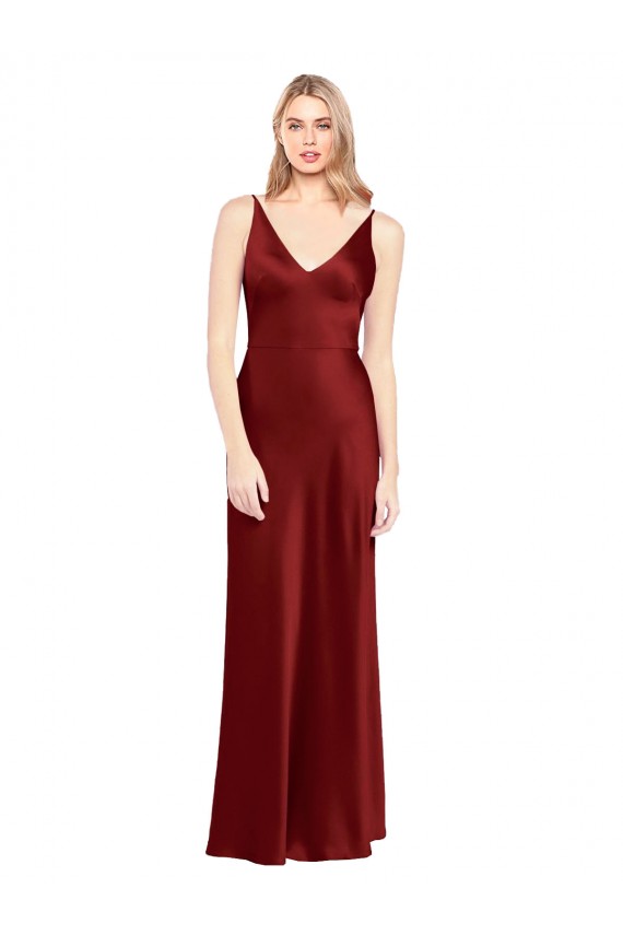 Best Full Length Long Formal Stretch Satin Slip Bridesmaid Dress / Prom Dress V-Back Sydney