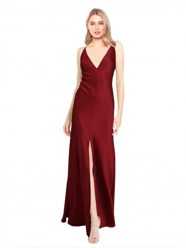 Best Floor Length Deep V-Back Formal Stretch Satin Bridesmaid Dress / Prom Dress with Front Slit Sydney