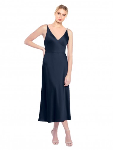 Best V-Neck Midi Length Short Cocktail Formal Stretch Satin Bridesmaid Dress / Prom Dress V-Back Sydney