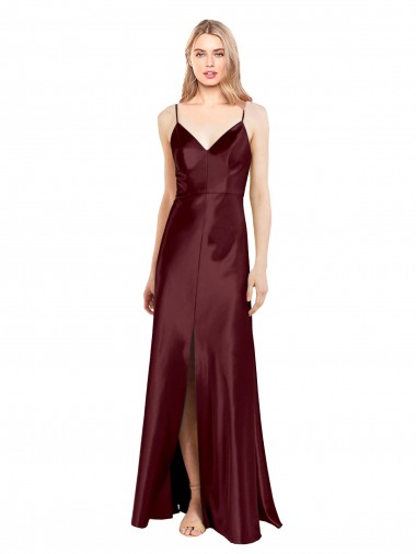Best Sleek Spaghetti Straps V-Neck Formal Stretch Satin Bridesmaid Dress / Prom Dress with Center Front Slit Sydney