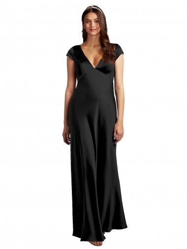 Best Plunging V-Neck Cap Cleeves Long Formal Stretch Satin Bridesmaid Dress / Prom Dress with Keyhole Back Sydney