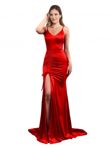 Best Long Pleated Formal Stretch Satin Bridesmaid Dress / Prom Dress with High Slit Sydney