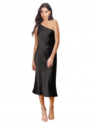 Best Sleek One Shoulder Midi Length Short Cocktail Formal Stretch Satin Slip Bridesmaid Dress / Prom Dress Sydney