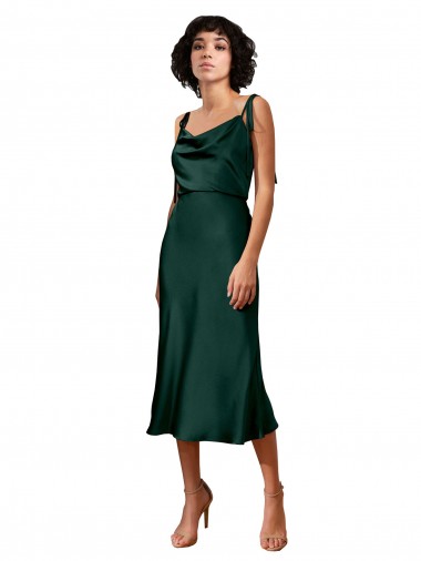 Best Spaghetti Straps Tie Shoulders Cowl Neck Short Midi Length Formal Stretch Satin Cocktail Bridesmaid Dress / Prom Dress Sydney